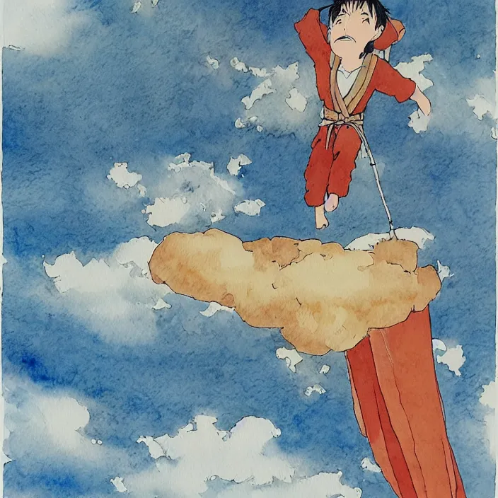 Prompt: A man floating into the heavens by Hayao Miyazaki, watercolour and ink