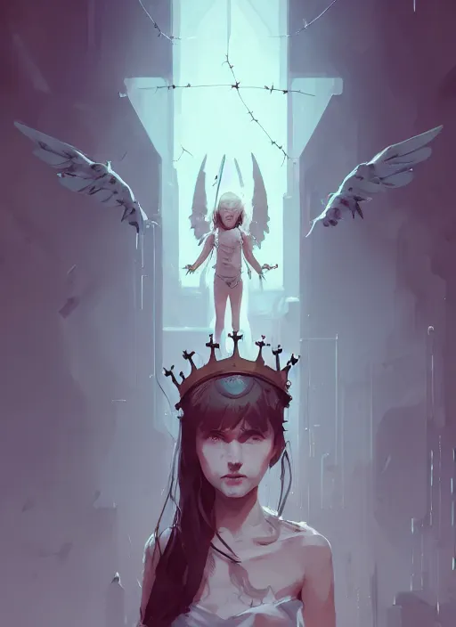 Image similar to portrait of cute angel maiden girl with crown of thorns and white short hairs, warhammer, cyberpunk, by atey ghailan, by greg rutkowski, by greg tocchini, by james gilleard, by joe gb fenton, by kaethe butcher, dynamic lighting, gradient light blue, brown, blonde cream and white color in scheme, grunge aesthetic