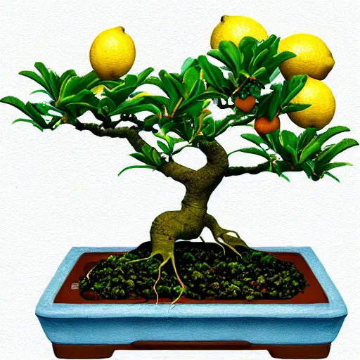 Image similar to bonsai fruit tree with lemons!! but minimalistic concept art by frank stella gilleard james whalen tom, colorful, soft light, trending on artstation, minimalism