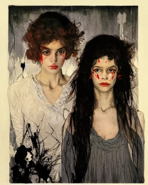 Image similar to two gorgeous but creepy, sinister siblings in layers of fear, with haunted eyes and wild hair, 1 9 7 0 s, seventies, wallpaper, a little blood, moonlight showing injuries, delicate embellishments, painterly, offset printing technique, by coby whitmore, jules bastien - lepage