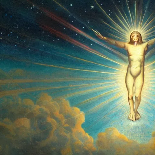 Image similar to painting of a humanoid being of pure light soaring through the firmament, surrounded by holy glyphs, detailed