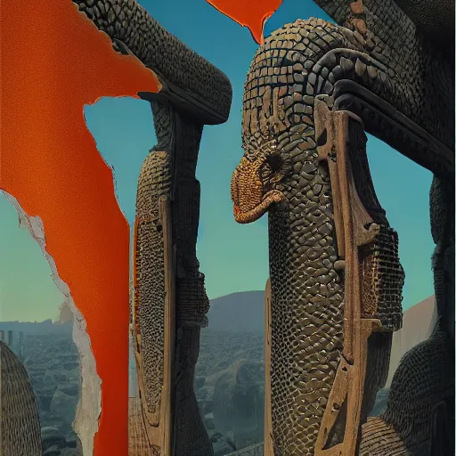 Prompt: Realistic 2099 Future World mojave feathered serpent monster, pastiche by Dan Witz and pastiche by Michael Whelan:7|primal, ruins, aztec:6|8K Detailed Futuristic Glossy Magazine Patinting:8|mayan architecture:7|CGSociety:6|cel-shaded:2