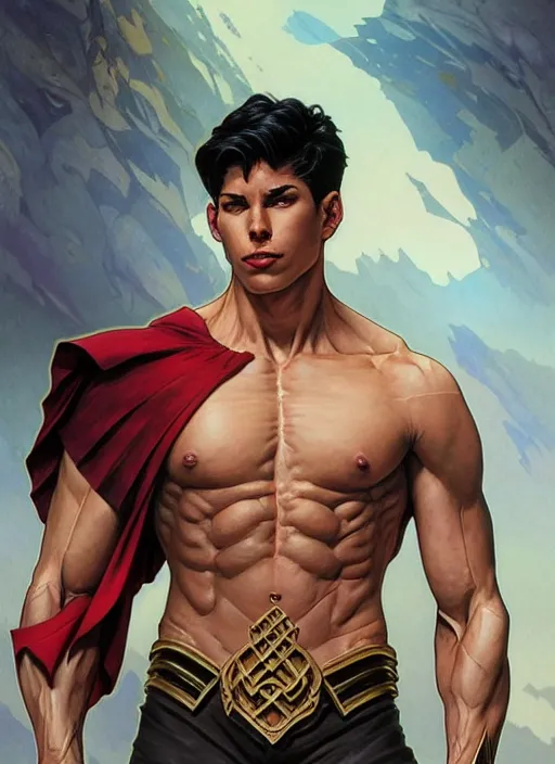 Image similar to aggressive superboy prime, d & d, muscular! crossfit anatomy, fantasy, intricate, elegant, highly detailed, digital painting, artstation, concept art, smooth, sharp focus, illustration, art by artgerm and greg rutkowski and alphonse mucha and alex ross and donato giancola and bayard wu and gustav moreau and wayne barlowe