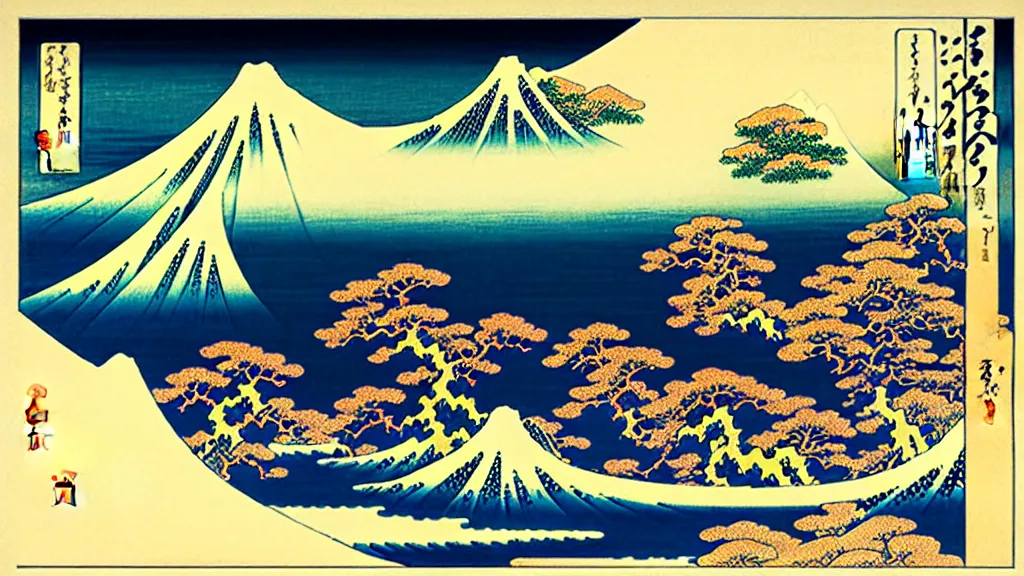 Prompt: landscape, by katsushika hokusai, calligraphy, pastel art, happy, feng shui, ray tracing reflections