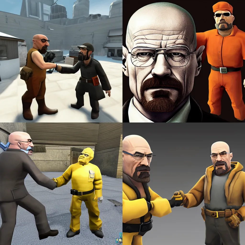 Prompt: A photo of Walter White shaking hands with the Heavy from Team Fortress 2, photo, real life