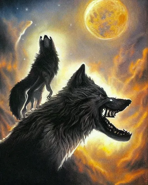 Image similar to werewolf howling, airbrush, drew struzan illustration art, key art, movie poster