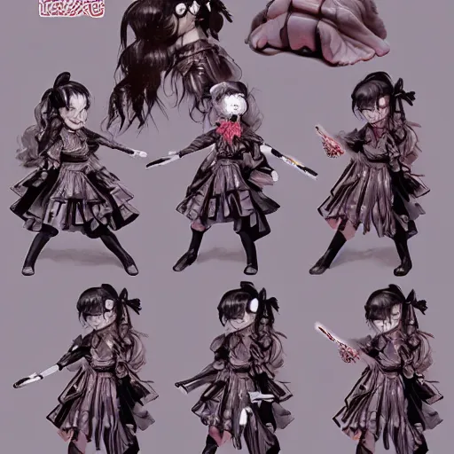 Prompt: Konami character sheet of Yui Mizuno from Babymetal, intricate, elegant, highly detailed, digital painting, artstation, character concept art, smooth, sharp focus, illustration, art by artgerm + masamune shirow + greg rutkowski + Masahiro Ito