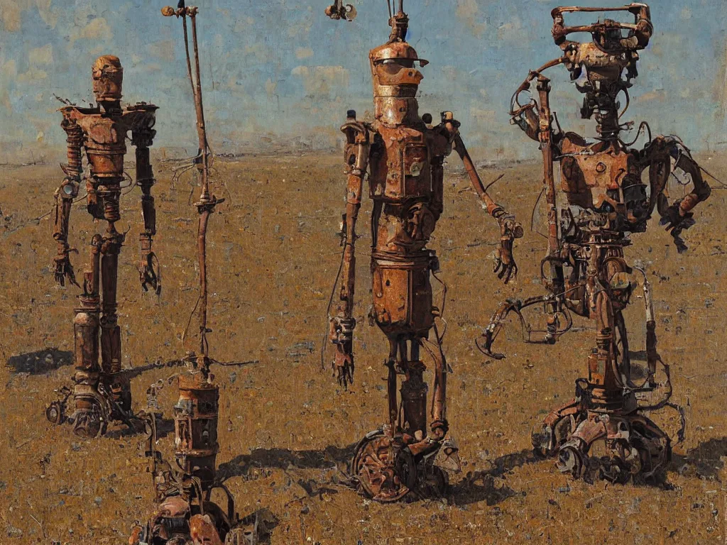 Prompt: rusty old robot standing, heatwave, Denis sarazhin, oil on canvas