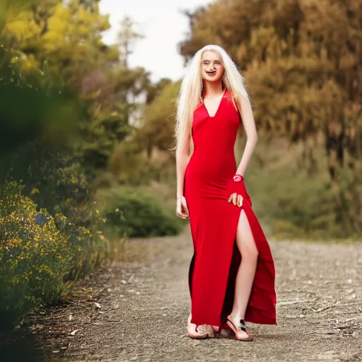 Image similar to photo of slim girl model, blonde, smiling , 20yo, wearing a red dress with high slit, high detail, studio, sharp, 85mm sigma art lens