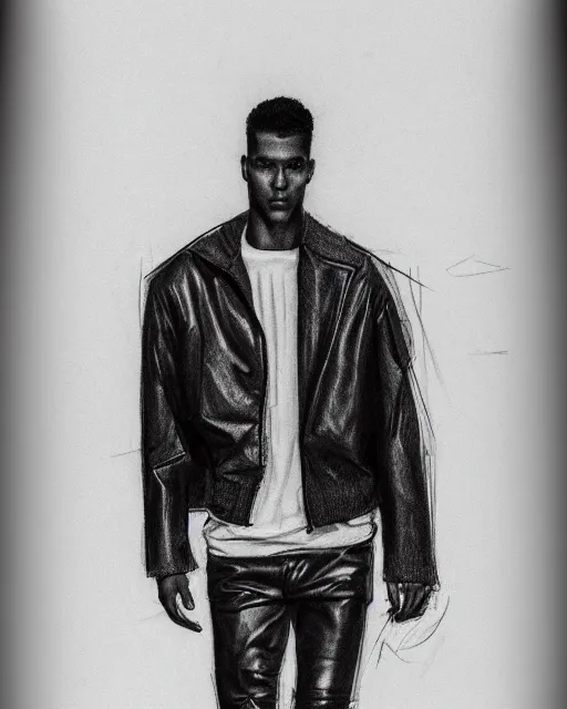 Image similar to rough charcoal sketch of a male model wearing a cropped baggy menswear moto jacket by alexander mcqueen, 4 k, astonishing detail, studio lighting, wide angle lens