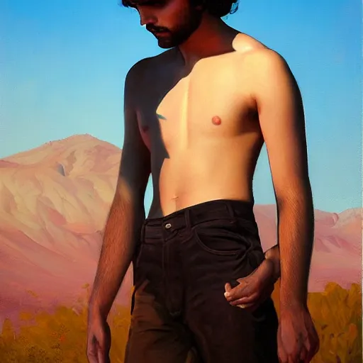 Prompt: oil painting by ilya kuvshinov, baugh casey, rhads, coby whitmore, of a youthful persian - indian college student, male, handsome, curly black hair, outdoors, highly detailed, breathtaking face, studio photography, dawn, intense subsurface scattering, blush, supple look, innocence, intense sunlight