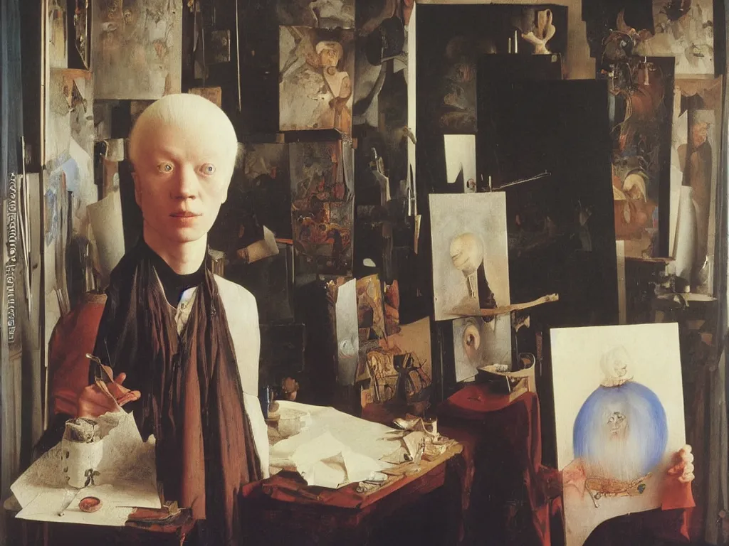 Image similar to Portrait of albino mystic with blue eyes, painting on a canvas in his studio. Painting by Jan van Eyck, Audubon, Rene Magritte, Agnes Pelton, Max Ernst, Walton Ford