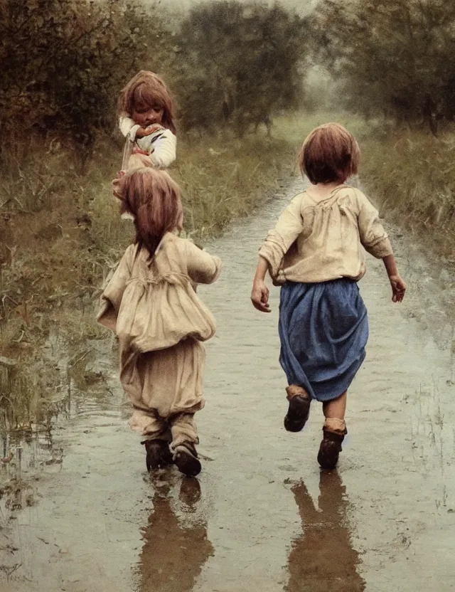 Image similar to two peasant children run through a puddle happily, on a village, Cinematic focus, Polaroid photo, vintage, neutral colors, soft lights, foggy, by Steve Hanks, by Serov Valentin, by lisa yuskavage, by Andrei Tarkovsky 8k render, detailed, oil on canvas