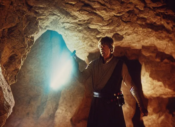 Prompt: detailed photo of Luke skywalker finding the ancient jedi texts in an strange hazy cave. 1985 film, Photographed with Leica Summilux-M 24 mm lens, ISO 100, f/8, Portra 400