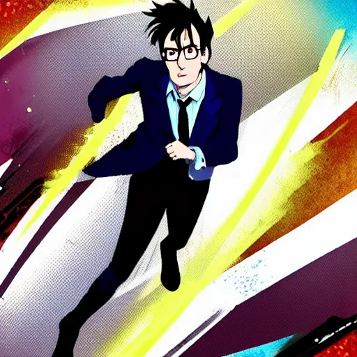 Prompt: the Tenth Doctor running towards the camera in the style of Boko No Hero Academia