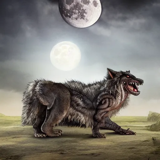 Image similar to Furred chimera with crocodile's body and a wolve's head, concept art, illuminated by full moon, professional photoshop artwork, highly detailed, one subject, full body concept art