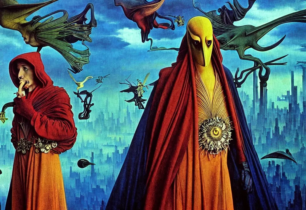 Prompt: realistic detailed portrait movie shot of a birdman wearing dark robes, sci fi city landscape background by denis villeneuve, amano, yves tanguy, alphonse mucha, ernst haeckel, max ernst, roger dean, masterpiece, rich moody colours, blue eyes, occult