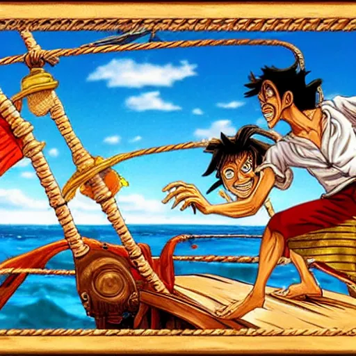 Prompt: guybrush threepwood fighting monkey d. luffy on the sea in their ships, by eiichiro oda, manga, highly detailed 8 k