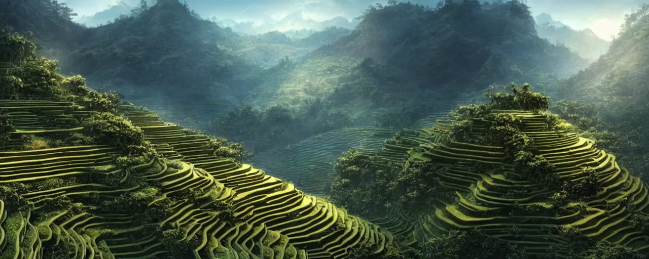 Prompt: an intricate concept art of sci - fi megastructures in rice terraces in the mountains, artstation, photorealistic movie still, sci - fi, hyper realistic, concept art, art by dylan cole, feng zhu, artgerm, greg rutkowski, cinematic lighting, octane render