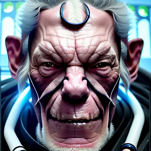 Image similar to portrait painting of a cyberpunk orc doctor muscular ian mckellen with fangs and tusks, ultra realistic, concept art, intricate details, eerie, highly detailed, photorealistic, octane render, 8 k, unreal engine. art by artgerm and greg rutkowski and charlie bowater and magali villeneuve and alphonse mucha