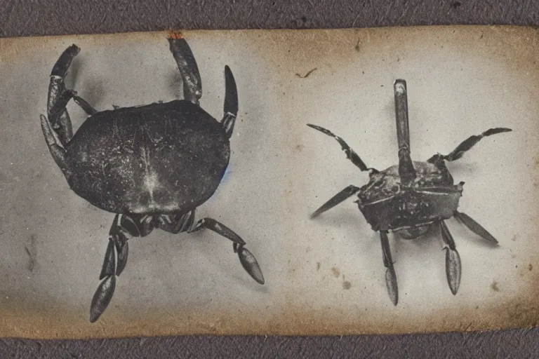 Prompt: a tintype photo of a cross between a crab and a goat