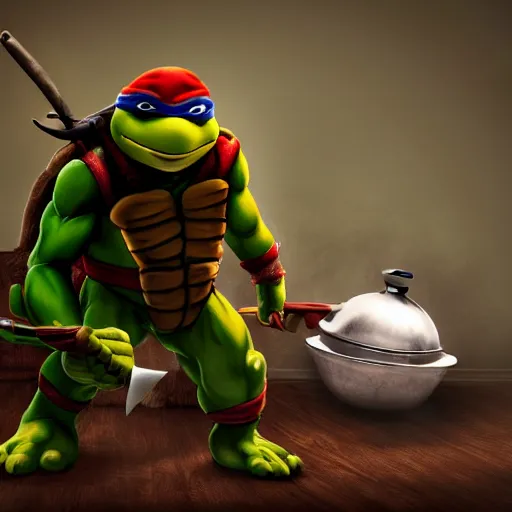 Prompt: teenage mutant ninja turtle michaelangelo with frying pan near kitchen stove, wearing white chef hat, frying nails, volumetric lighting, realistic, photo, artstation