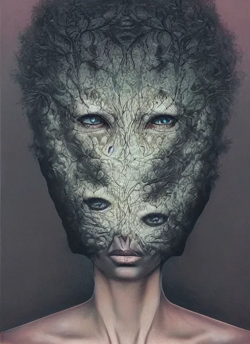 Image similar to dramatic portrait painting of woman with black mandelbrot fractal instead of face, in style of zdzisław beksinski,