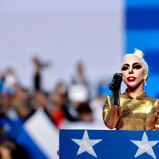 Image similar to Lady Gaga as president, Argentina presidential rally, Argentine flags behind, bokeh, giving a speech, detailed face, Argentina