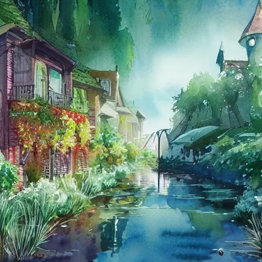 Image similar to Beautiful happy picturesque charming sci-fi town in harmony with nature. Beautiful light. Water and plants. Nice colour scheme, soft warm colour. Beautiful detailed artistic watercolor by Vincent. (2060)