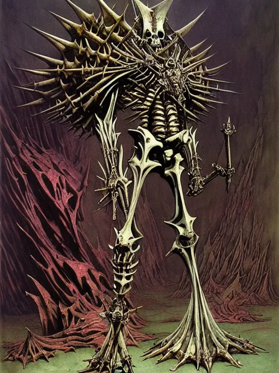 Prompt: A little vibrant. A spiked horned detailed semiork-semihuman skeleton with armored joints stands in a large cavernous throne room with sword in hand. Massive shoulderplates. Extremely high details, realistic, fantasy art, solo, masterpiece, bones, ripped flesh, colorful art by Zdzisław Beksiński, Arthur Rackham, Dariusz Zawadzki, Harry Clarke
