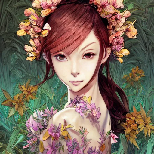 Prompt: the portrait of an absurdly beautiful, graceful, elegant young anime woman made of bananas and petals looking up, an ultrafine detailed illustration by kim jung gi, irakli nadar, intricate linework, bright colors, octopath traveler, final fantasy, angular, unreal engine 5 highly rendered, global illumination, radiant light, detailed and intricate environment