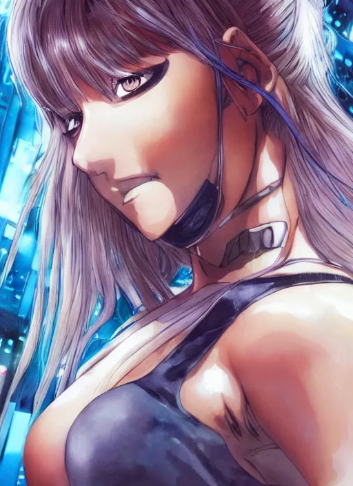 Prompt: Frontal portrait of a very beautiful muscular anime girl with tanned skin and cream colored hair, watercolor, digital painting, art by Shirow Masamune Kenichi Sonoda Ilya Kuvshinov Moebius and Katsuhiro Otomo, cyberpunk, high quality, pretty anime girl