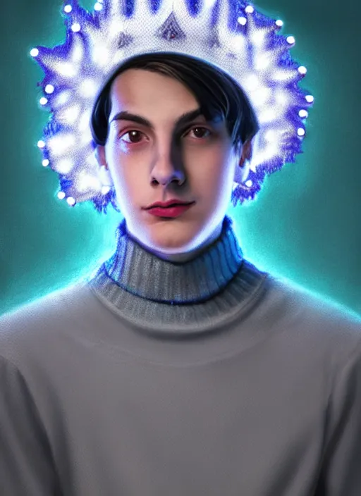 Image similar to portrait of teenage jughead jones wearing a light grey crown, crown, blue turtleneck, 1 9 5 0 s, closed eyes, photorealistic, black hair, glowing lighting, intricate, elegant, glowing lights, highly detailed, digital painting, artstation, concept art, smooth, sharp focus, illustration, art by wlop, mars ravelo and greg rutkowski