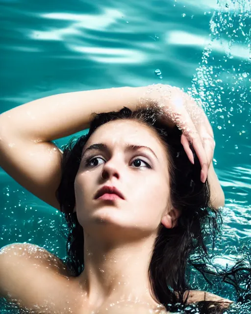 Image similar to a closeup portrait of as beautiful young woman floating under water with a very emotional look, strong single top lighting, moody feel, dramatic