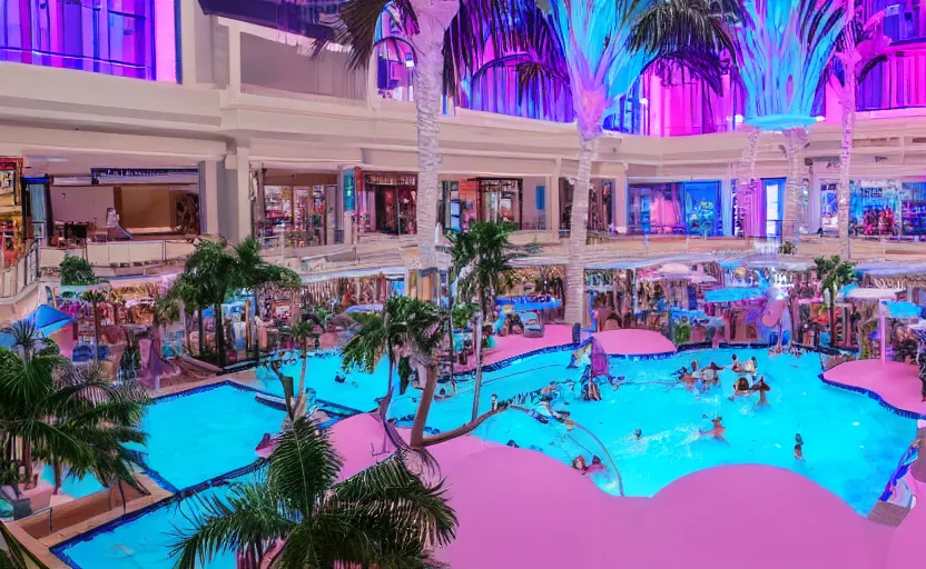 Image similar to an indoor mall with palm trees and pools, pink and blue lighting, everything floats in space