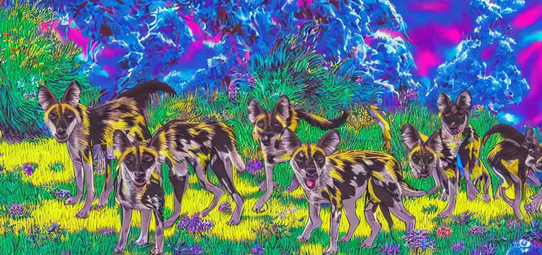 Image similar to pack of african wild dogs near a watering hole, painted by studio ghibli studio matako Lisa Frank with psychedelic colors