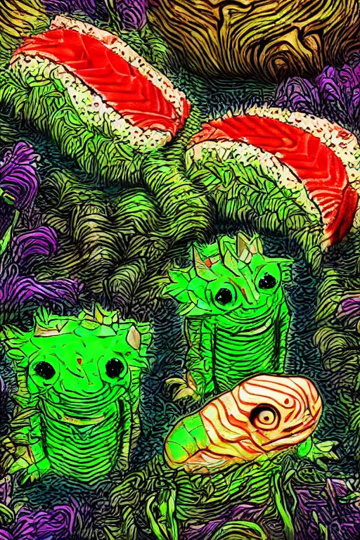 Prompt: creature sushi roots cactus elemental flush of force nature micro world fluo light deepdream illumination ray tracing hdr fanart arstation by sung choi and eric pfeiffer and gabriel garza and casper konefal