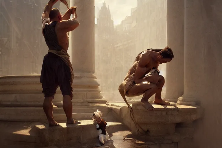 Image similar to a man tied to a pillar and jack russel terrier pissing on him, highly detailed, hyperrealistic digital painting, artstation, concept art, smooth, sharp focus, illustration, cinematic lighting, art by artgerm and greg rutkowski and alphonse mucha