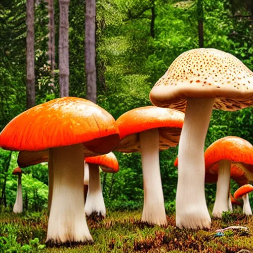 Prompt: a forest of giant mushrooms, different weird creatures are walking among the mushrooms, detailed professional photo