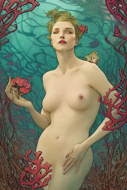 Image similar to profile portrait of a beautiful mysterious woman underwater, hidden hands holding a bouquet of flowers, corals and fish, by eve ventrue, michael carson, andreas rochas, john watkiss, casey weldon, artgerm. art nouveau. tarot card by mucha. gloomhaven. swirly intricate linework background. gaudy colors, sharp edges. octane render