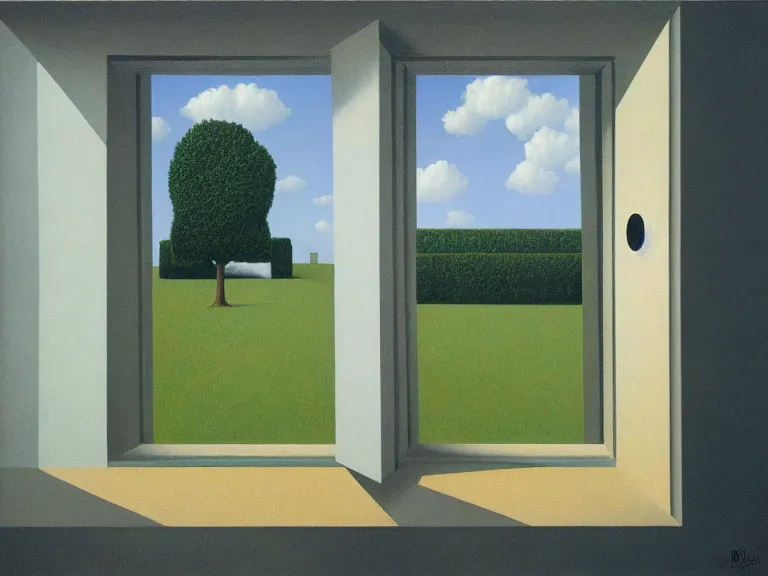 Image similar to an open window to nothingness in brick wall with open doors with endless hallway inside, painting by rene magritte, centered, high detail, high resolution