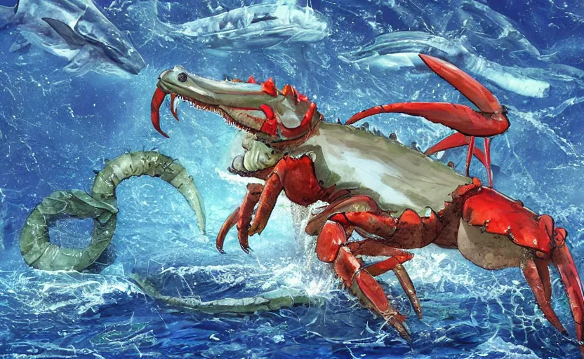 Prompt: giant lobster sea monster with dangerous pincers, long tail, shark face, artstation