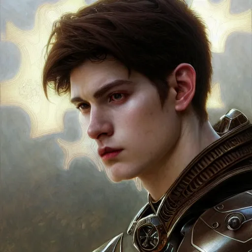 Image similar to portrait painting of a pale serious young man with a soft face and medium brown hair wearing armor, ultra realistic, concept art, intricate details, eerie, highly detailed, pursed lips, melancholy expression, photorealistic, octane render, 8 k, unreal engine. art by artgerm and greg rutkowski and charlie bowater and magali villeneuve and alphonse mucha