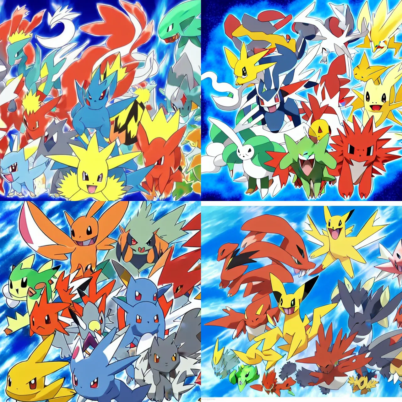 Prompt: official art of a diverse crowd of Pokémon, by Ken Sugimori, whitespace, Bulbapedia, Pokémon logo, ninetales kyogre blaziken camerupt seaking lanturn moltres