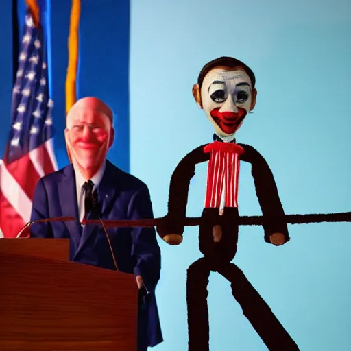 Prompt: string marionette of a president with clown makeup in a podium and a human shadow behind