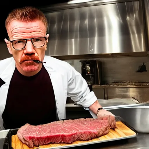 Prompt: walter white, played by gordon ramsay, cooking a steak