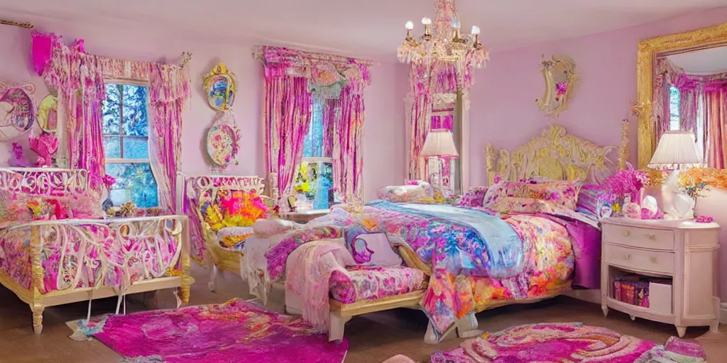 Image similar to a cozy bedroom decorated by Lisa Frank, detailed, high resolution, wow!, intricate