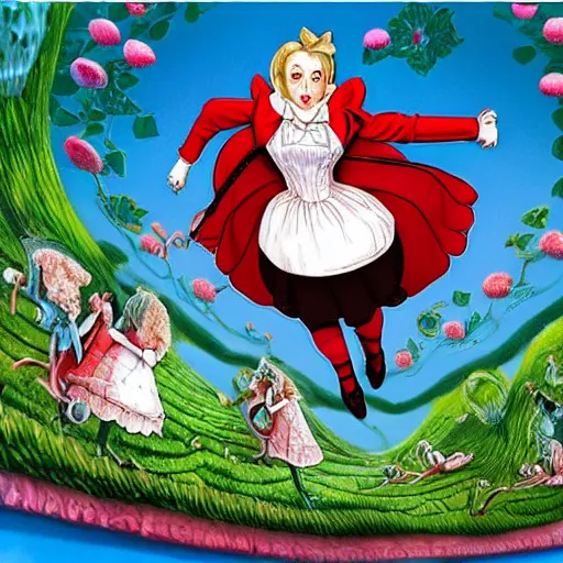 Prompt: recursive Alice in wonderland art. Highly detailed 4k warping in on itself image. Impossible shapes, Alice and the white rabbit chased by the red queen