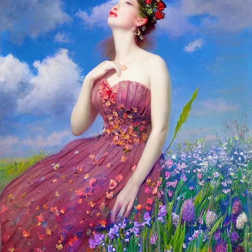 Image similar to a portrait of a romantic woman with flowers grow out of hair, roses peonies forget-me-nots dahlias lupins gladioli, sky theme in background, by Alexandr Averin, Digital Art, Trending on artstation