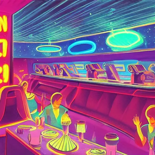 Image similar to a futuristic diner in outer space, glowing neon ambiance, soft pastel neon glow, aliens eating and enjoying a meal at an alien diner in outer space, fantasy illustration, detailed painting, and deep color